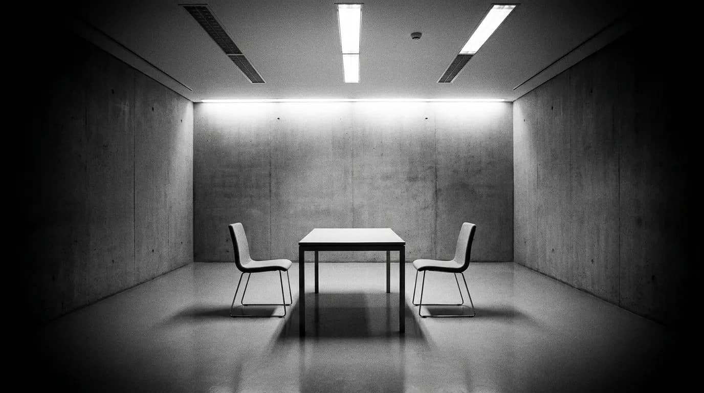 Empty concrete interview room with two chairs facing each other under fluorescent light