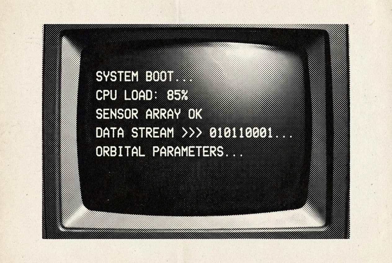 Halftone photograph of a vintage CRT terminal displaying Koazy session telemetry